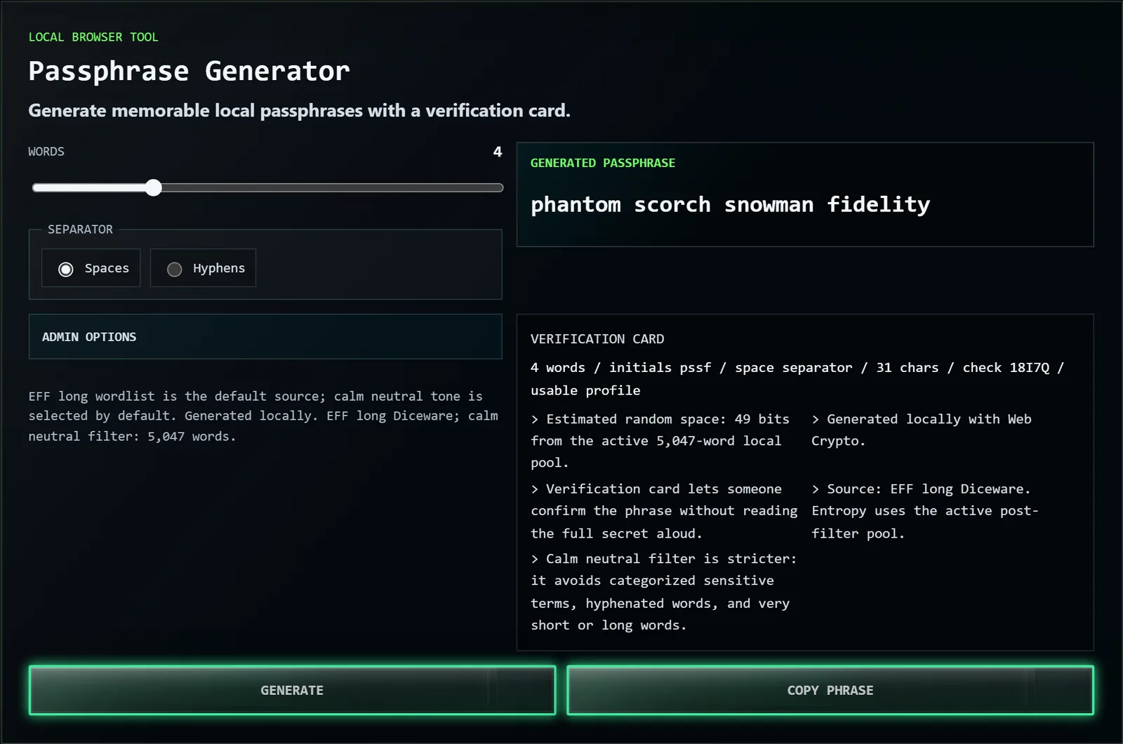 Passphrase Generator producing a memorable local passphrase with a safe-readback verification card.