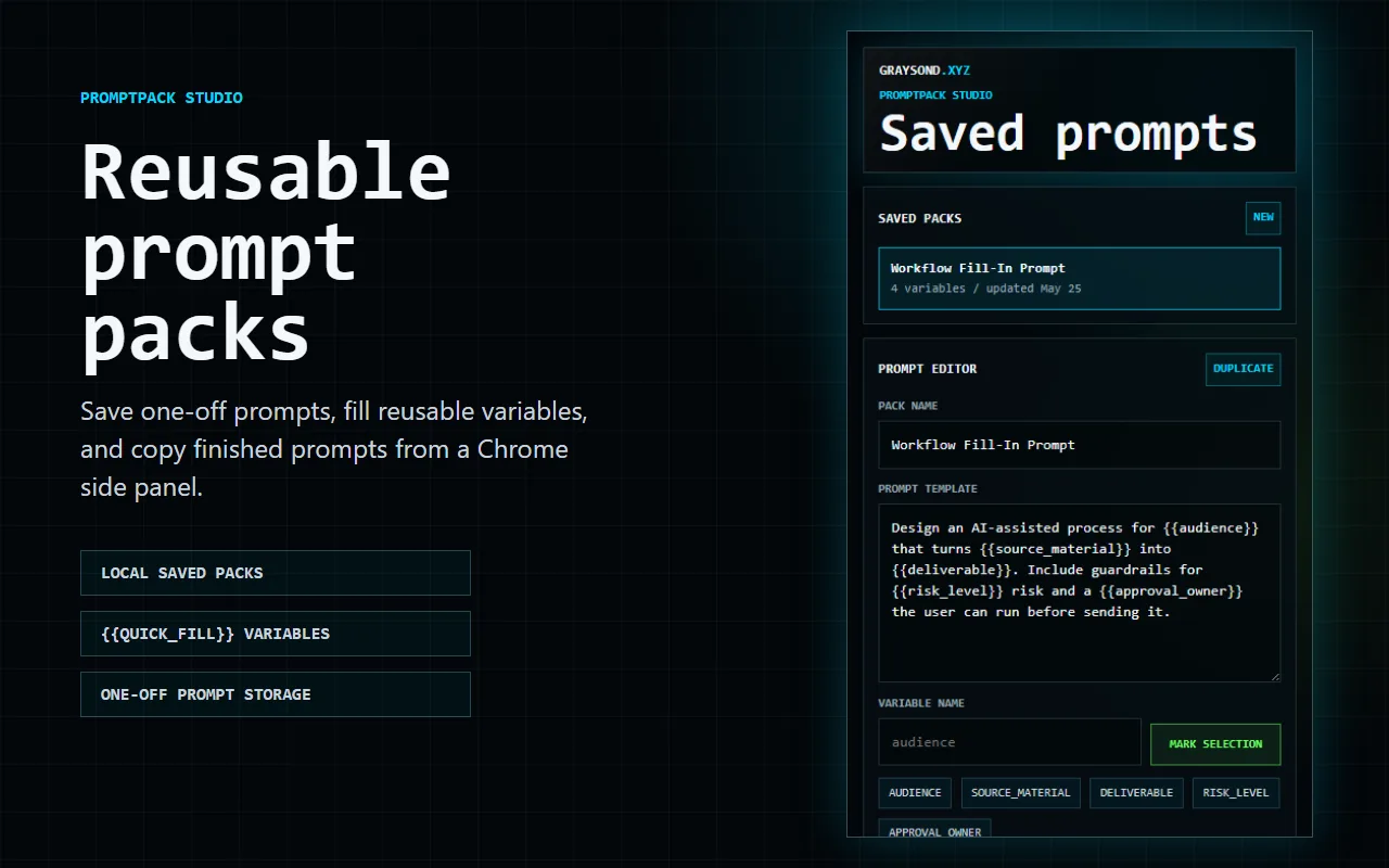 PromptPack Studio side panel — save reusable prompt packs, fill variables, and copy rendered prompts, all stored locally in the browser profile.