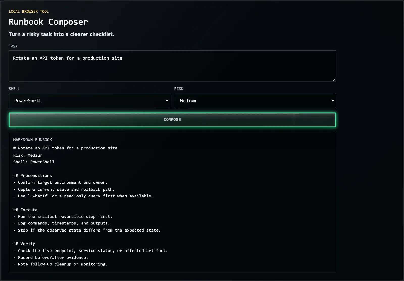 Runbook Composer turning a risky task into a structured Markdown checklist with preconditions, execution, and verification.