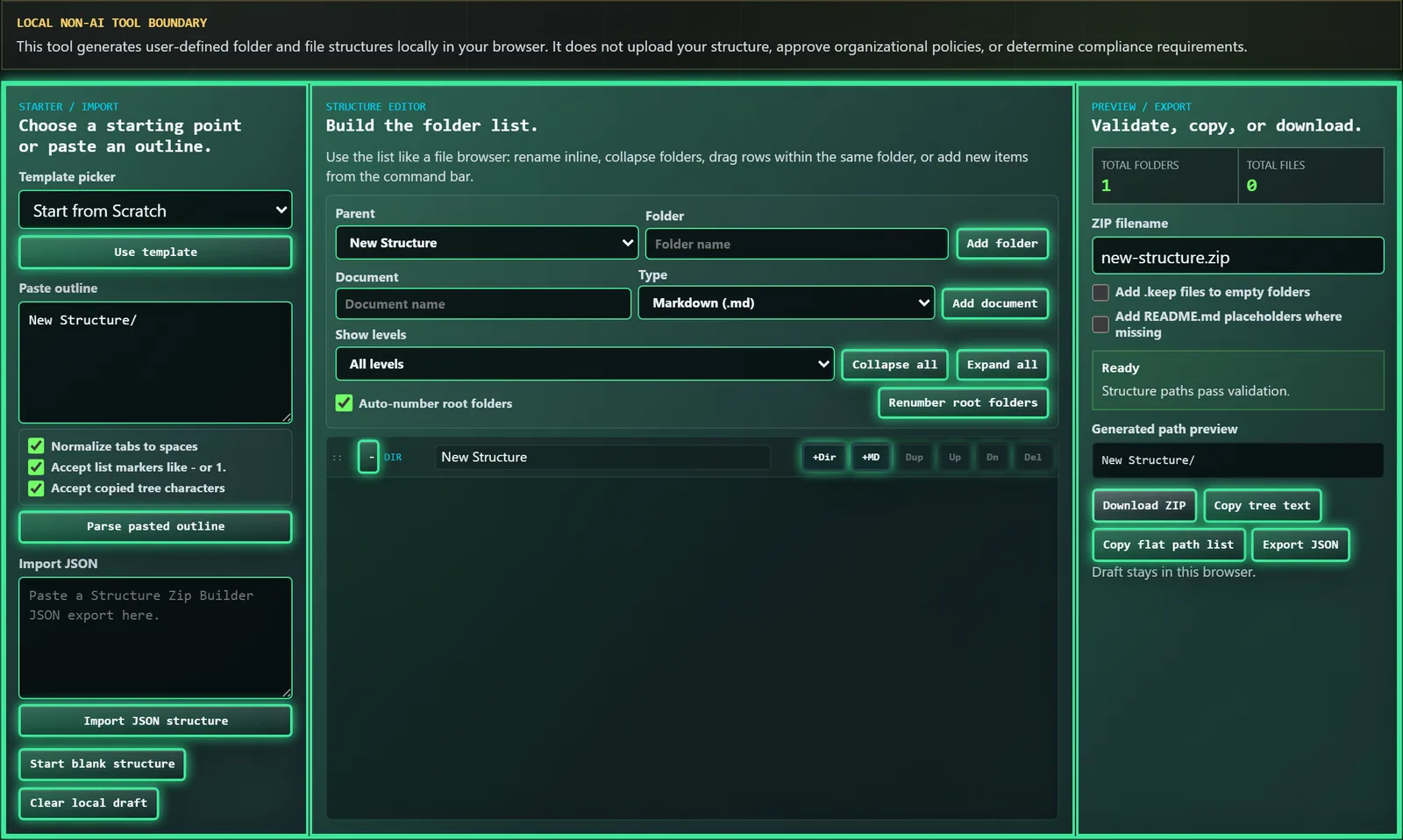 Structure Zip Builder planning a folder tree from a template and exporting a ready-to-unzip ZIP, entirely in the browser.