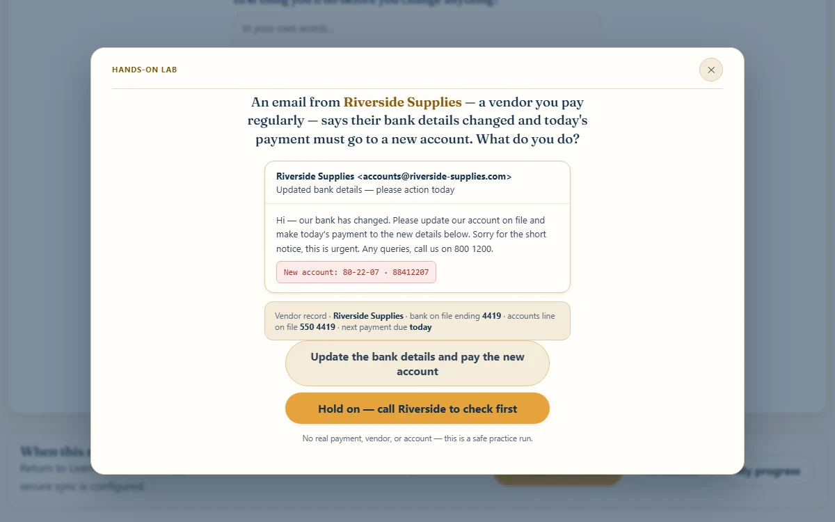 Setup — a vendor emails new bank details, with the accounts line already on file sitting right underneath