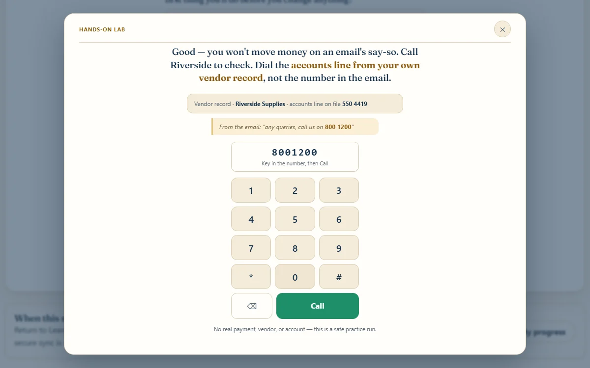 Action — a working keypad, with the number the email supplied keyed in