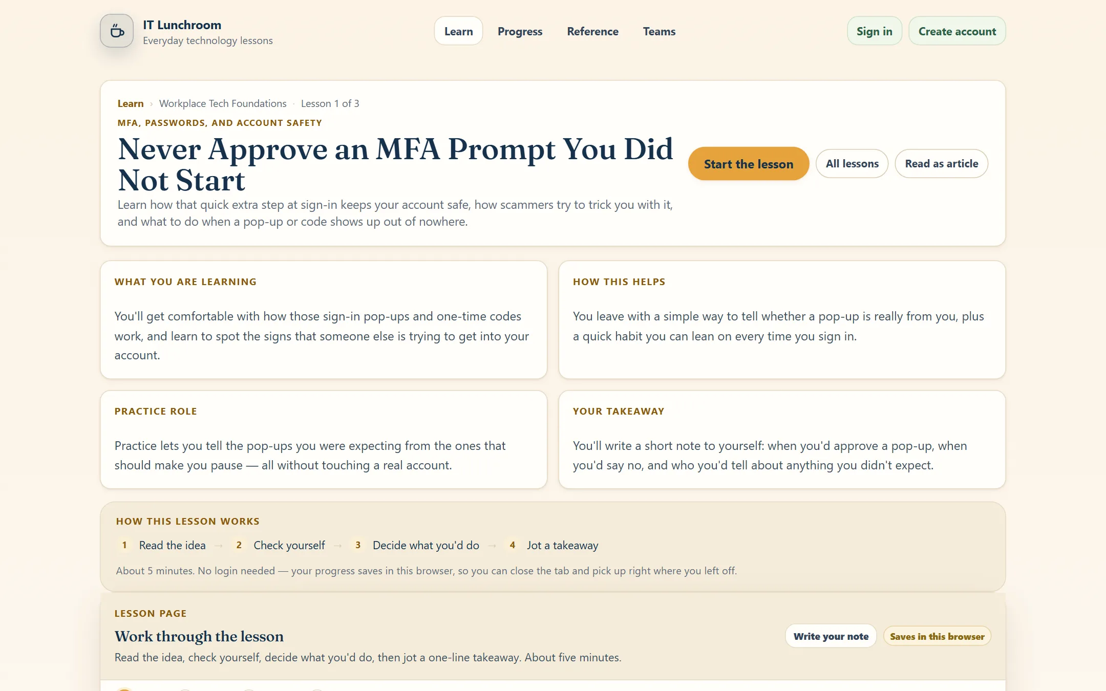 The lab flow mocks the real moment: read the idea, check yourself, decide, jot a takeaway