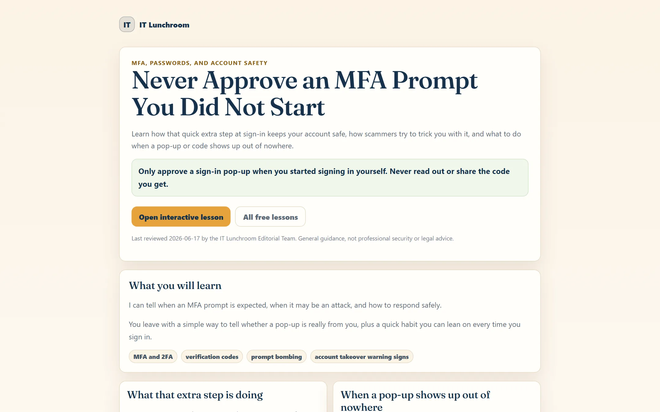 Every lesson takes one real decision — starting with the MFA prompt you did not start