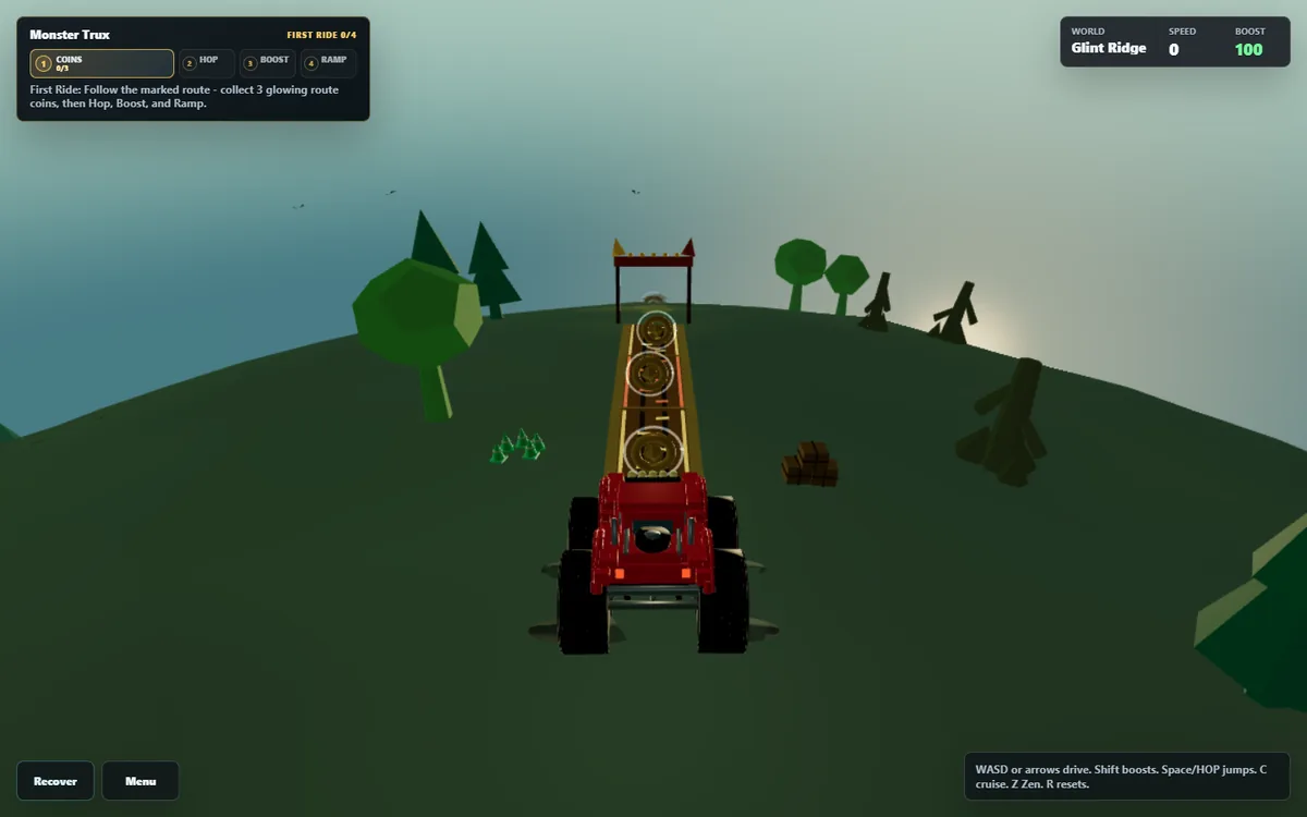 The deployed origin captured headless at DPR 1: a Blender-authored, meshopt-compressed truck on the opening route