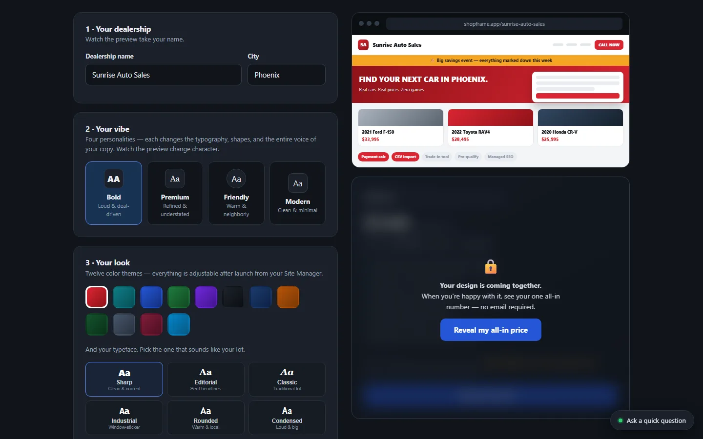 The free designer on shopframe.app — vibe, palette, typeface and hero layout compose 1,152 designs against a live preview