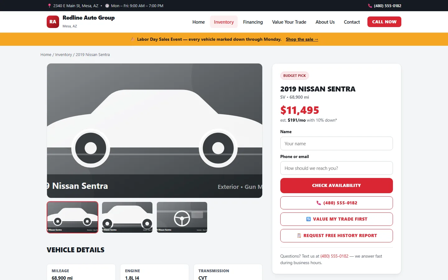 A vehicle detail page on the fictional Redline demo — specs, payment estimate and lead form, rendered per request from KV inventory